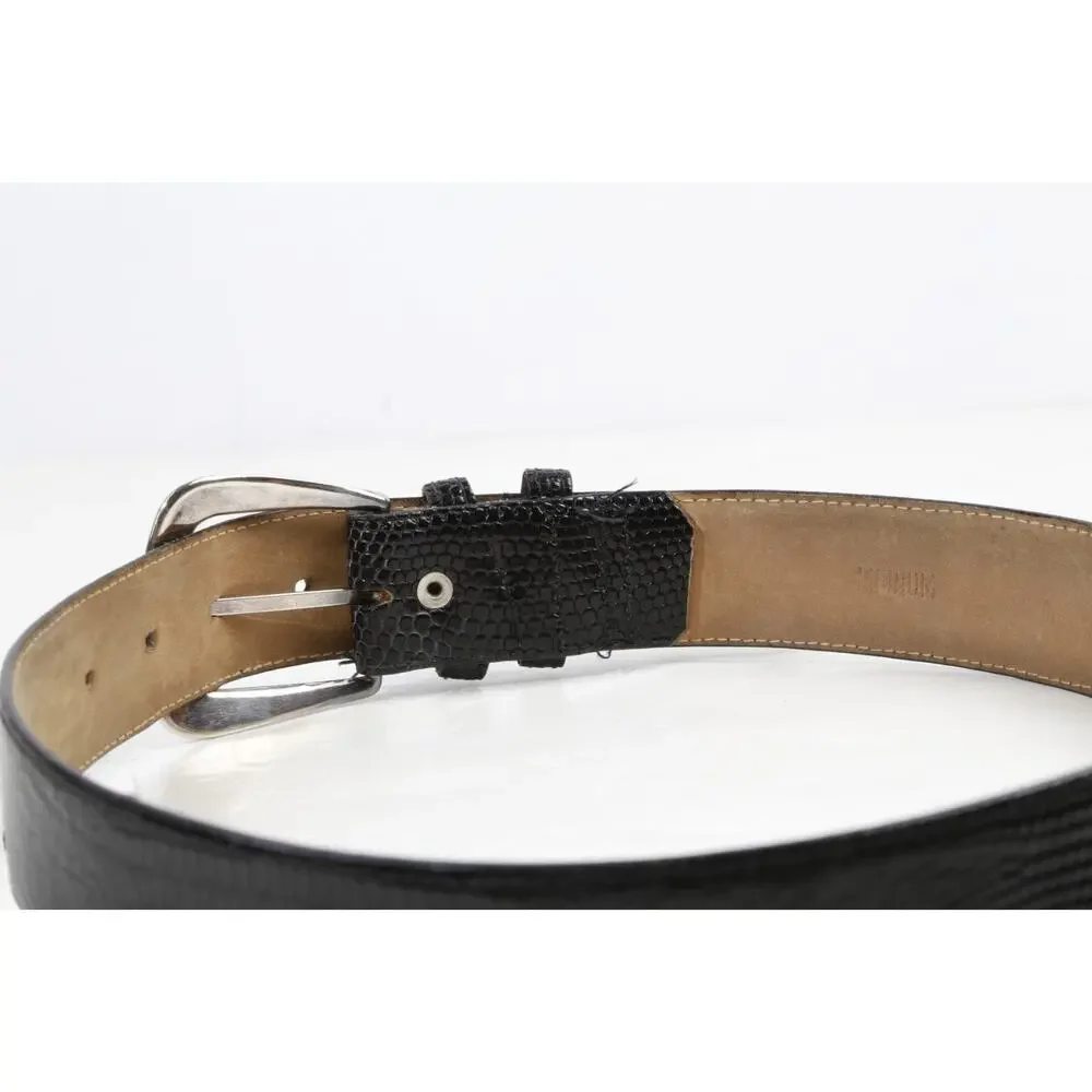 Vintage Black Genuine Lizard Leather Belt Silver Western Buckle Medium Size M